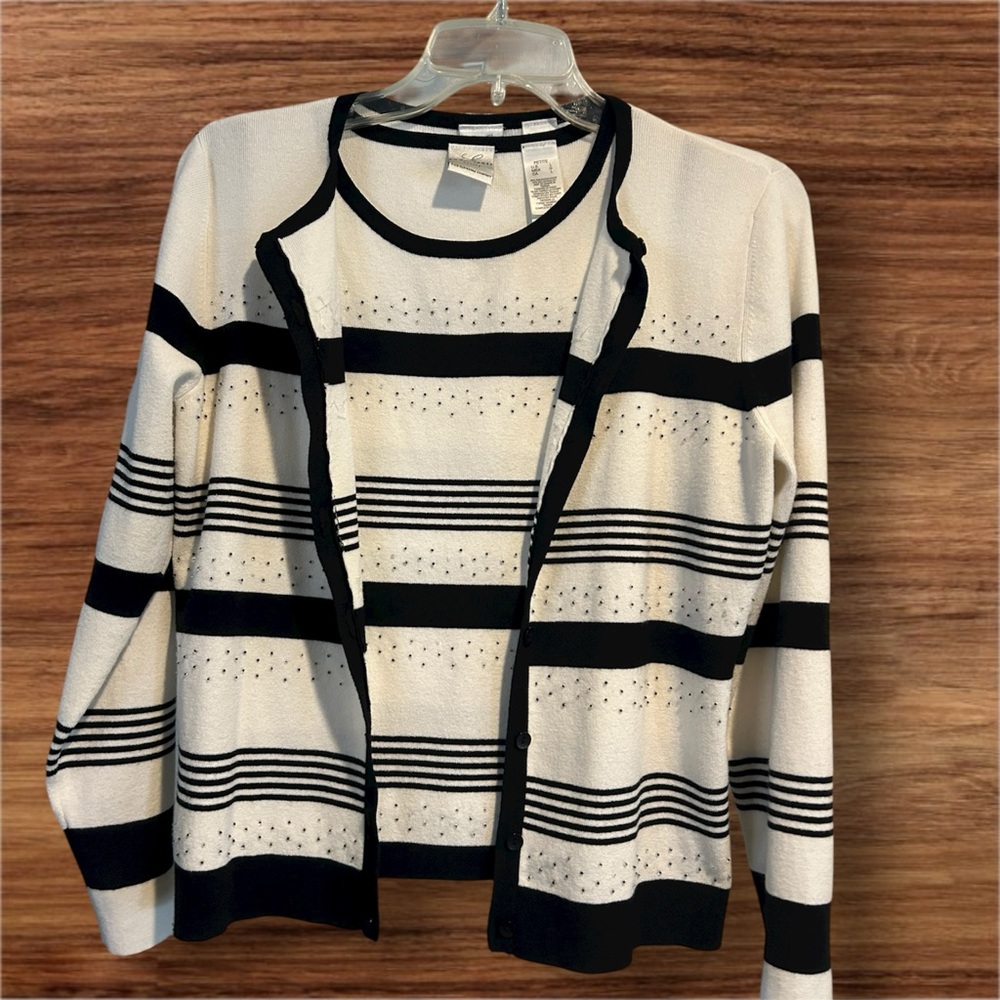 Emma James (a Liz Claiborne Company) Black & White Striped 2 piece Cardigan Set